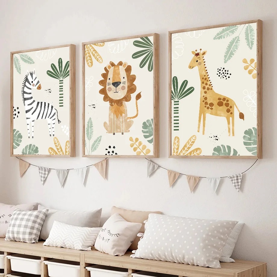Quadro decorativo 3 peças 40x60 com nome Girafa Zebra Animal safari selva folhas decoração para quarto infantil bebê criança