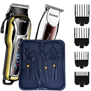 Kit Tesoura Profissional Barbeiro Máquina Cortar Cabelo e de Acabamento Kemei Tesoura Fio Laser e Fio Navalha Desfiadeira Navalhete