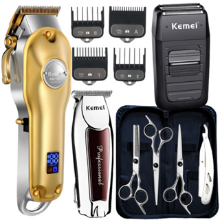 Kit Máquina de Corte Cabelo Barbeiro Profissional com Kit Tesoura Profissional Barbeiro Tesoura Fio Laser Navalha e Desfiadeira + Navalhete Maquina Cortar Cabelo Maquina de acabamento e Shaver Kemei