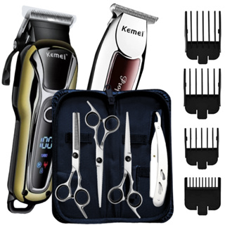 Kit Tesoura Profissional Barbeiro Máquina de Corta Cabelo e Acabamento Kemei KM1990 e KM9163 com Kit 3 Tesouras Barbeiro Tesoura Fio Laser Fio Navalha e Desbaste com Navalhete