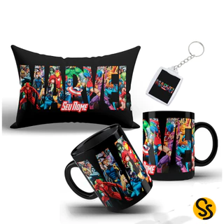 Kit Personalizado com Seu Nome Marvel com Caneca, Almofada e Chaveiro