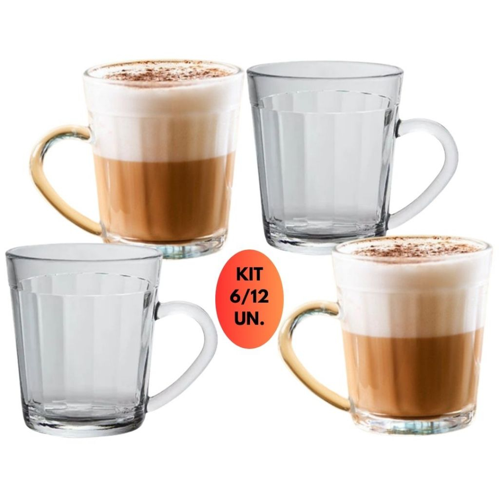Kit Jogo 6/12 Xicara Caneca Vidro Cafe Capuccino 270ML Americano Alça Resistente Duralex Microondas Nadir Figueiredo Conjunto Mesa Posta Buffet Bistro