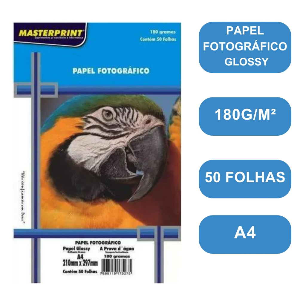 Papel Fotográfico Foto Glossy Brilhante 180g Resistente a água Premium A4 MASTERPRINT