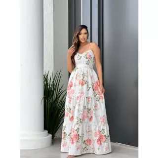 Vestido festa revelação longo floral Aline, branco floral