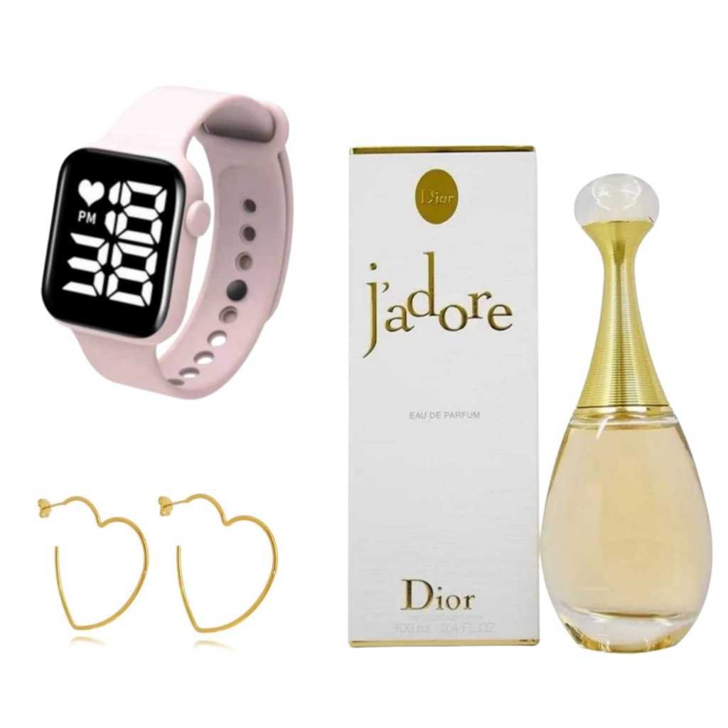 Kit Feminino Relógio Digital Prova dágua Rosa + Brinco + Perfume feminino jado