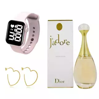 Kit Feminino Relógio Digital Prova dágua Rosa + Brinco + Perfume feminino jado