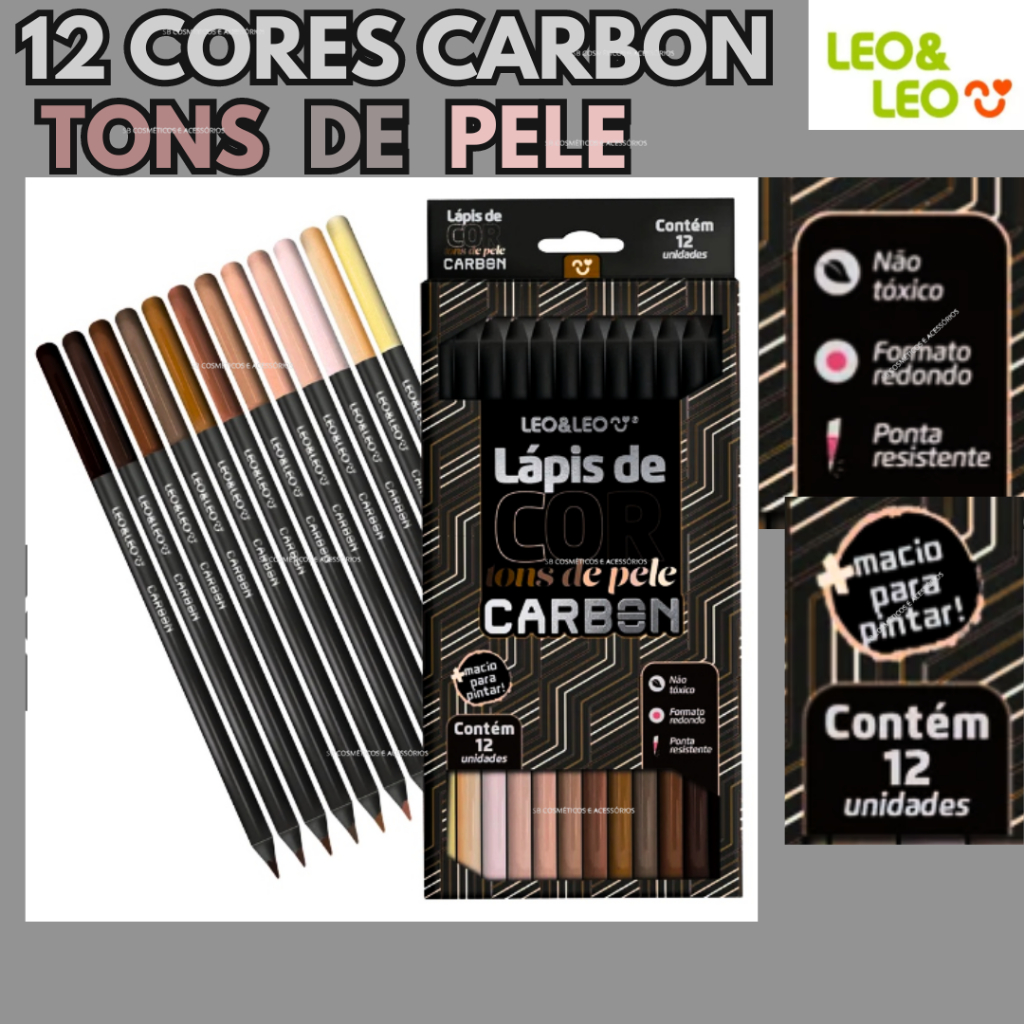 Lápis De Cor Carbon 12 Cores Tons De Pele Redondo Leo&Leo