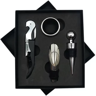 Kit 4 Peças Abridor Garrafa Vinho Tampa Dosador Aço Inox Saca Rolha Luxo