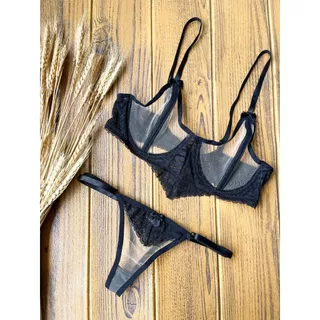 Conjunto Lingerie Sutian Calcinha Tule Moda Feminina Fio Transparente Renda Laço Sem Bojo Aro Regulagem