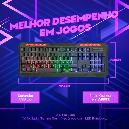 Teclado Gamer Semimecânico Led Rgb Usb VIDEO-GAME Iluminado Notebook