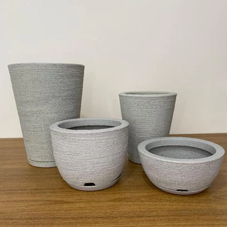 Kit 4 Vasos Texturizados Planta Flor Polietileno Coluna Redonda N1 N2+ Bojo N1+Bacia N1 com Prato