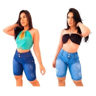 Kit 2 Bermudas Shorts Feminino Jeans Longo Cintura Alta Rasgado Premium
