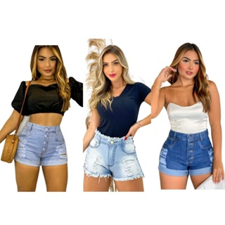 kit 3 Shorts Feminino Jeans Cintura Alta Curto Rasgado da Moda