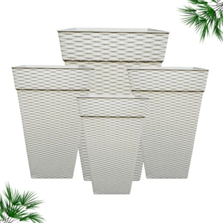 Vaso Grande Quadrado Kit 04 Pçs Rattan Flores E Plantas 28l, 17,5l E 10l Branco Marmorizado Area Externa Interna Jardim