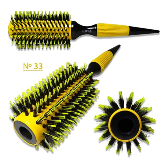Escova De Cabelo Térmica Amarela Cerdas De Javali Mista Madeira