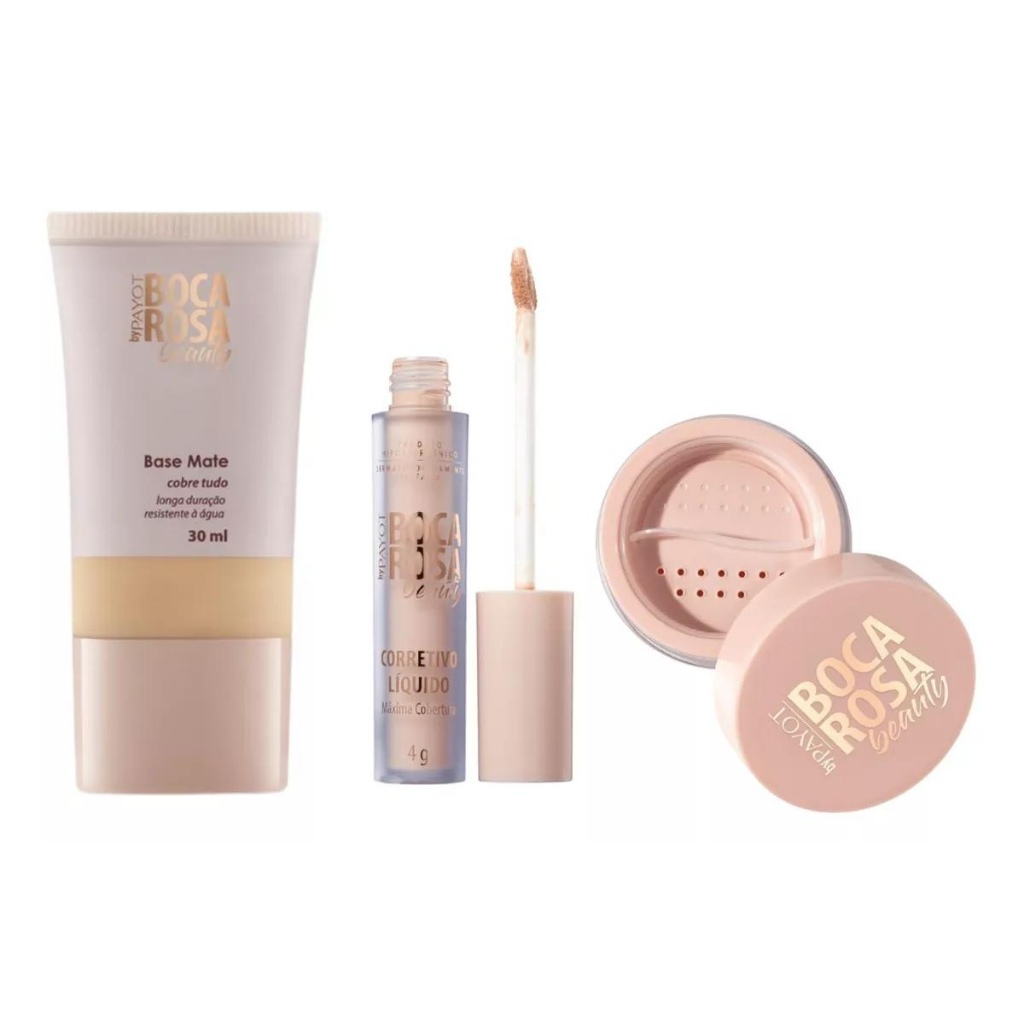 Kit Maquiagem Base + Corretivo + Pó Boca Rosa Beauty by Payot (Ana ...