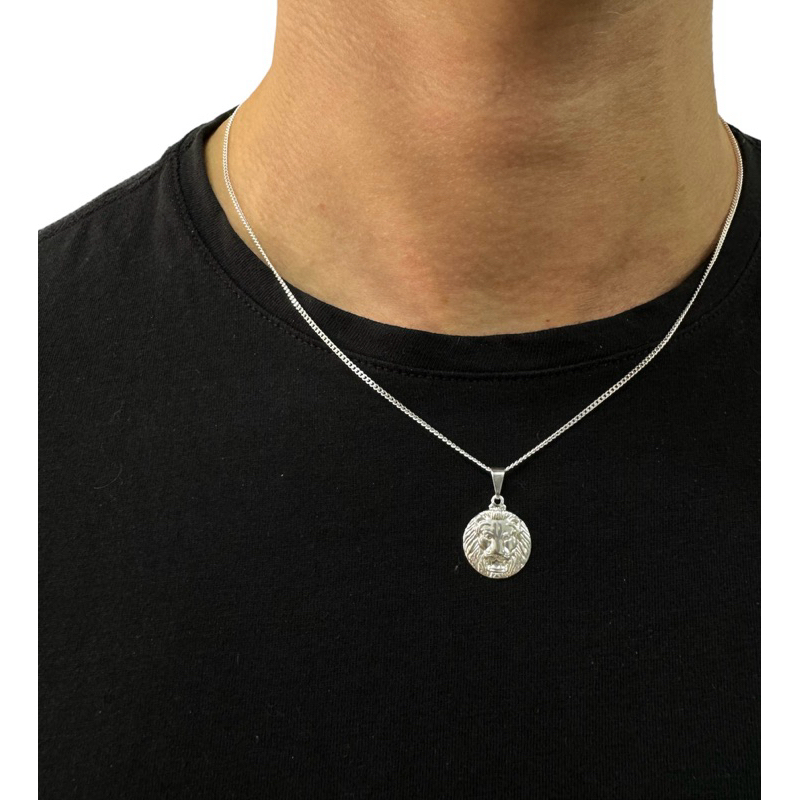 Cordão Curtinho Prata 925 + Pingente Leão Redondo Masculino Folheado