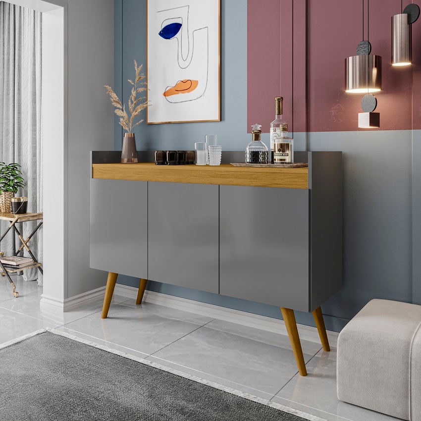 Aparador Lyon para sala 3 portas buffet cinza com mel pés de madeira decoração com prateleira
