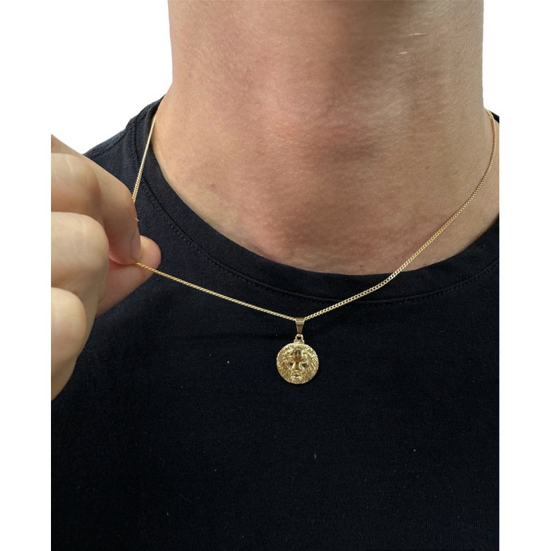 Corrente Curta Banhada Ouro Masculina Curtinha + Pingente Leão Redondo