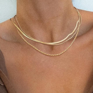 Colar Feminino de 3 Camadas em Ouro 18k - Corrente Herringbone Folheado/Choker/Cordão Baiano, Presente Perfeito de Joias Femininas