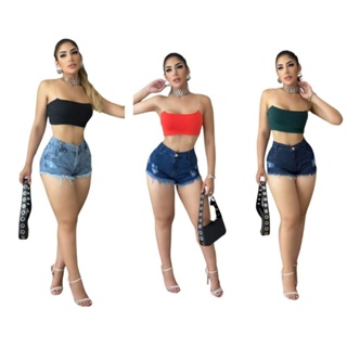 kit 3 Shorts Feminino Jeans Curto Rasgado Cintura Alta