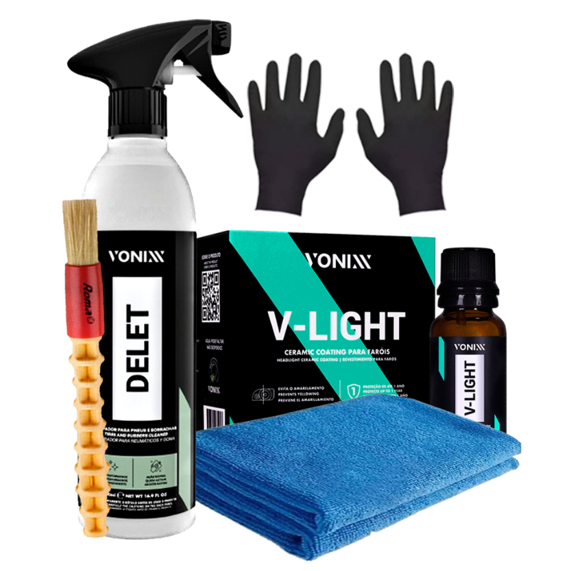 Kit V-Light Delet Vonixx Restaura Vitrifica Faróis Amarelados + Toalha Pincel e Luva Descartavel
