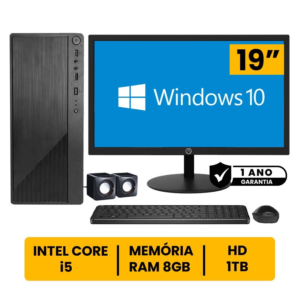 Computador Completo Intel Core i5 8GB HD 1TB Monitor LED 19" HDMI C/ Windows 10