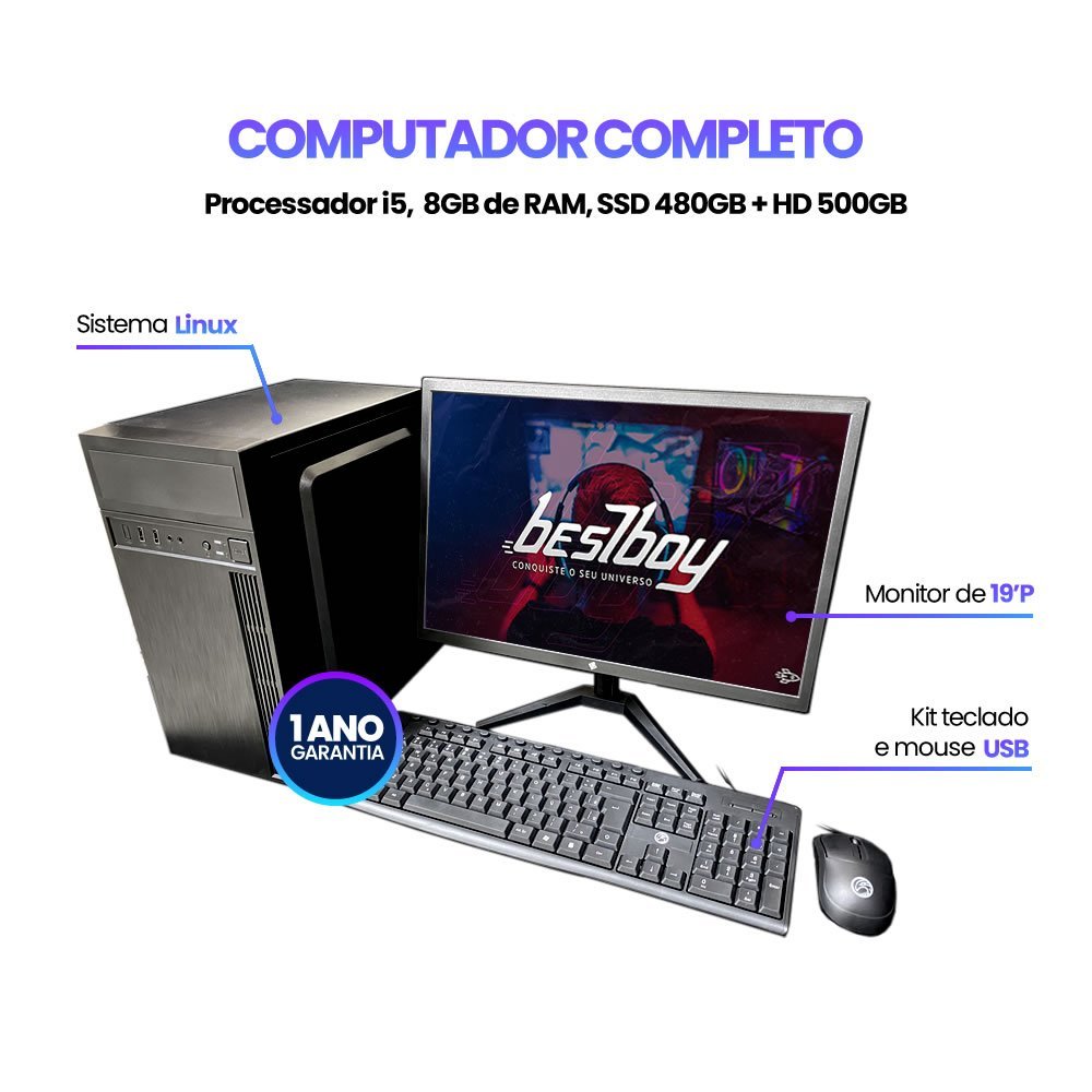 Computador Pc Cpu Completo Intel Core I5 8gb Ssd 480 Gb Hd 500 Gb Monitor 19"