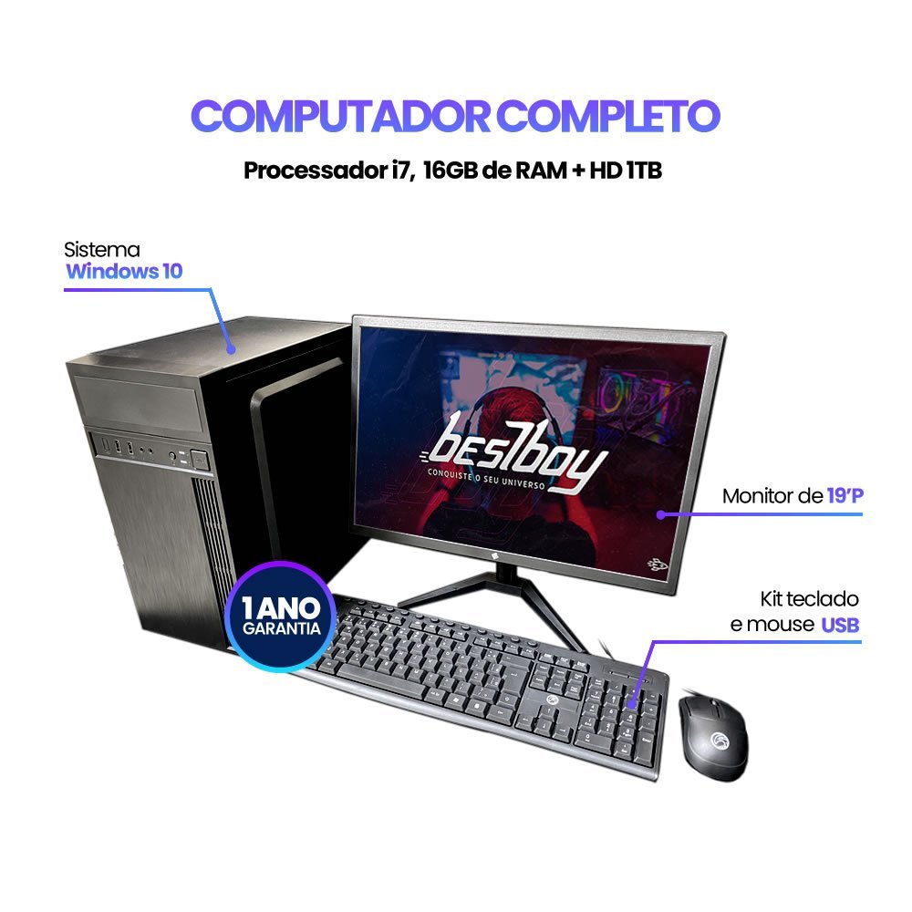 Computador Pc Cpu Completo Intel Core I7 16gb de Ram Hd 1 Tb Monitor 19" Windows 10