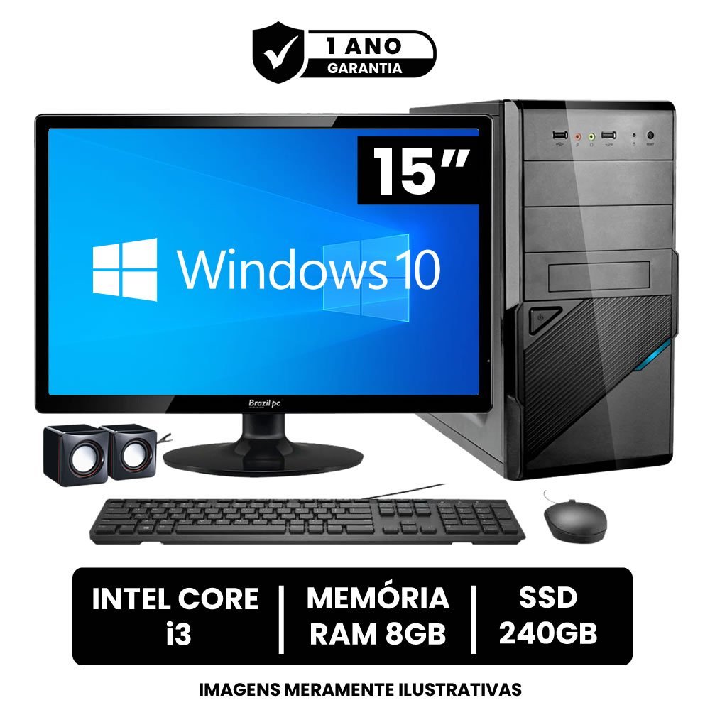 Computador Completo Intel Core I3 8gb de Ram Ssd 240gb Monitor Led 15" Hdmi