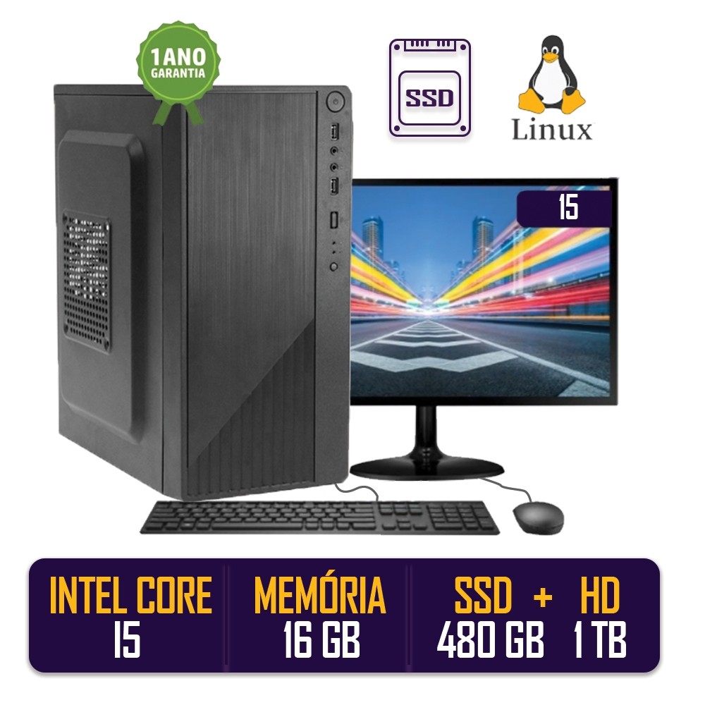 Computador Completo Intel Core I5 16gb de Ram Ssd 480gb Hd 1tb Monitor Led 15" Hdmi