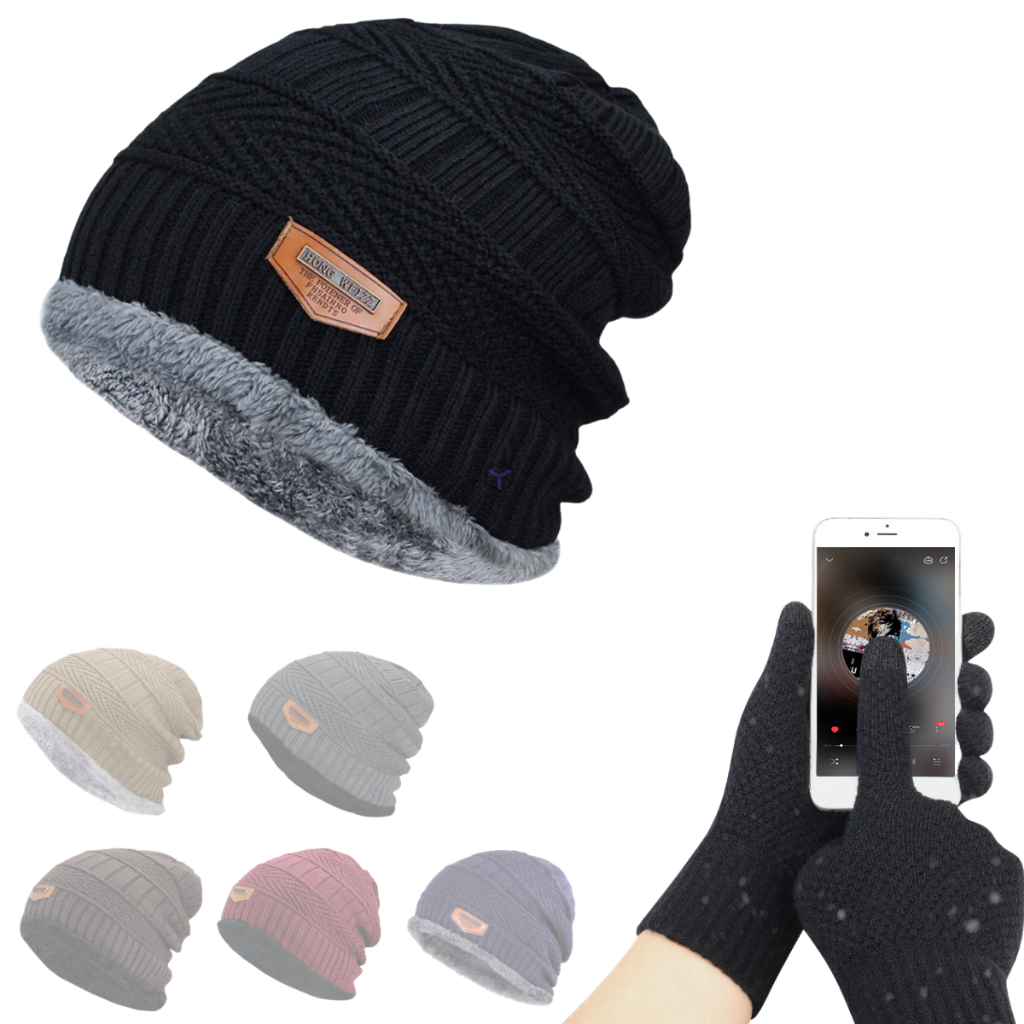 Kit Touca Gorro Lã Forrada + Luva Touch Mexer Celular Tablet