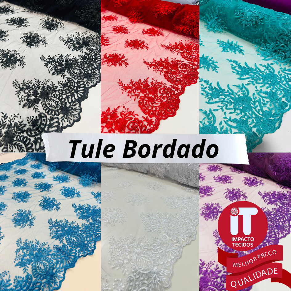 Tecido Tule Bordado 1mt x 1,30 de Largura - Várias Cores