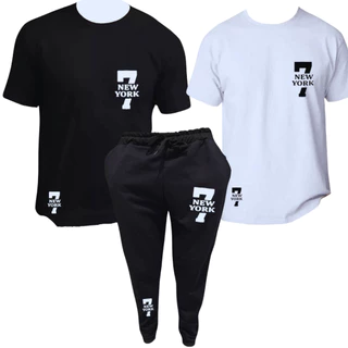 Kit Calça Jogger Moletom Flanelada + 2 Camisetas 7 New York Masculino Academia Promoção Envio Rapído