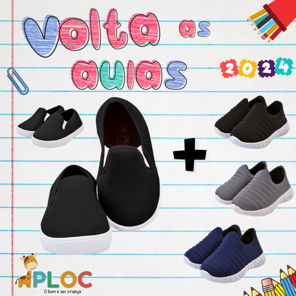 KIT 02 PARES: TÊNIS INFANTIL - IATE PRETO + TÊNIS PLAY P26 COR A ESCOLHER PLOC ORIGINAL