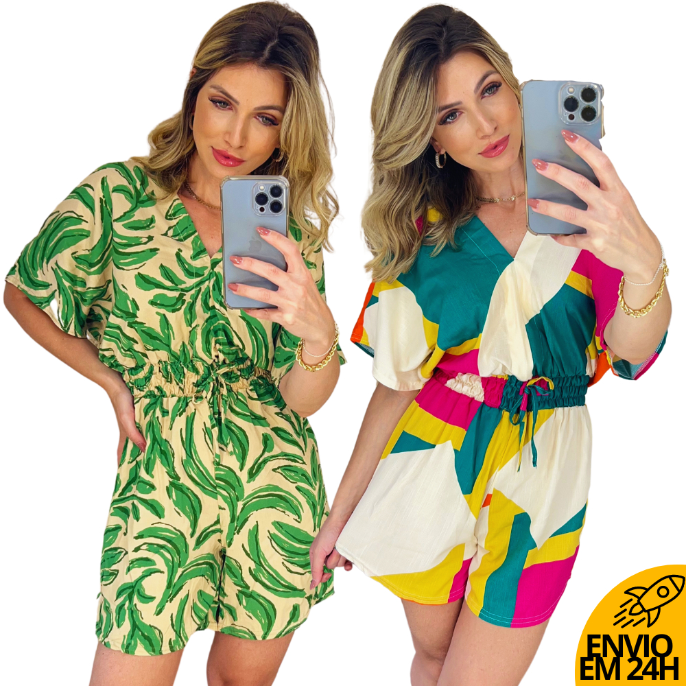 Macaquinho Curto Macacão Manga larga Morcego Soltinho Curto Manga Fler Flare Gola V Tecido Duna Viscose Lastex Gringo Tendencia Verao