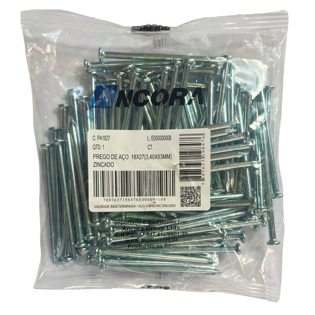 Prego de Aço 18x27 com Cabeça Polido Niquelado 100 Unidades