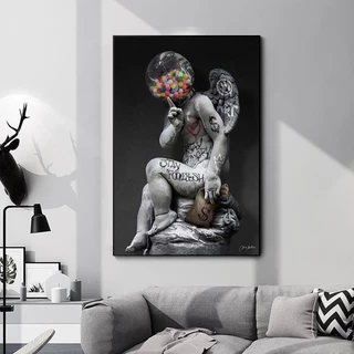 QUADRO DECORATIVO - ESTÁTUA DAVID CABEÇA DE CHICLETE ESTILO GRAFITE POP ARTE - SALA QUARTO HALL - INTERIOR
