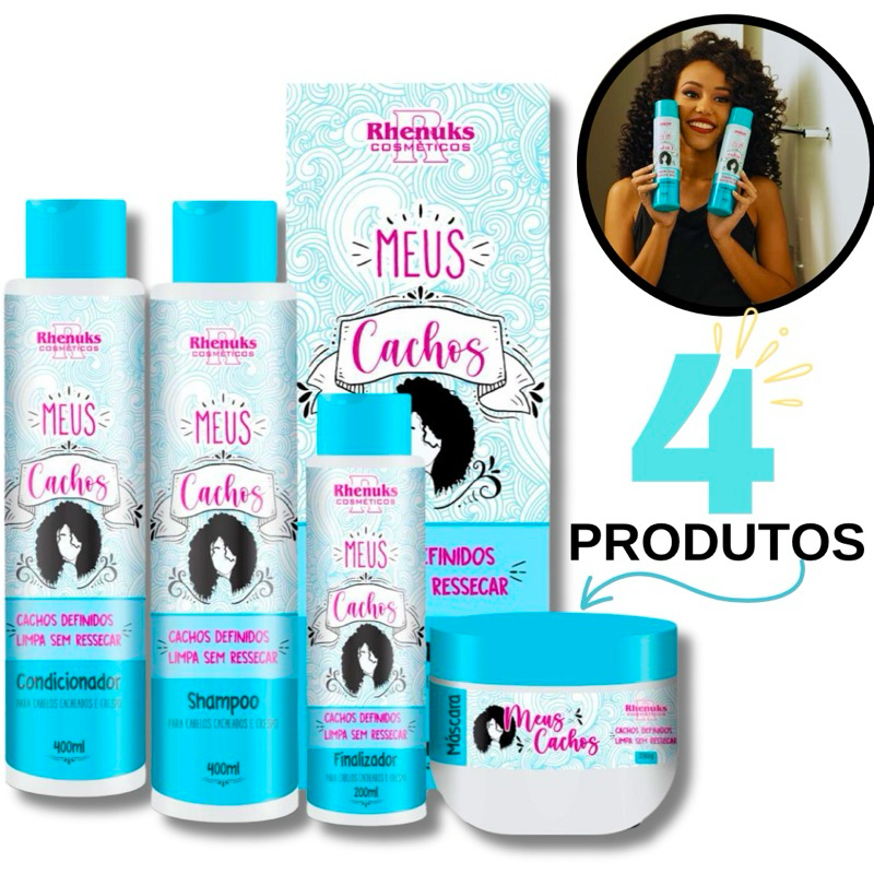 Kit Capilar Profissional C/ 4 Itens Cachos Definidos Cabelos Cacheados Crespos Shampoo Hidratação Meus Cachos Rhenuks