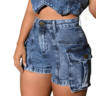 Short Jeans Feminino Cargo com Cintura Alta e Modelagem Empina Bumbum com Glitter