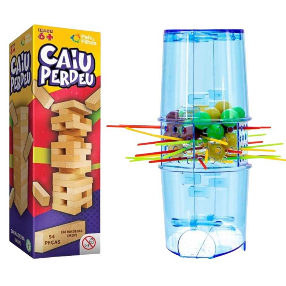 Jogo Caiu Perdeu e Pega vareta Pais & Filhos de Madeira Jogo da Torre de Madeira 54 Peças Desenvolve Coordenação Motora