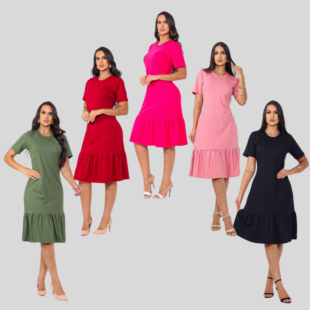 Kit 5 Vestidos Babado Midi Moda Evangelica | Shopee Brasil