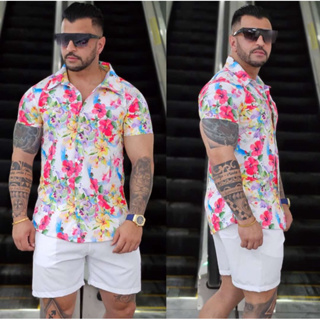 Conjunto Masculino Praia Branco Camisa e Short Masculino Tecido Tactel com  Elastano Cores Variadas Férias Ano Novo