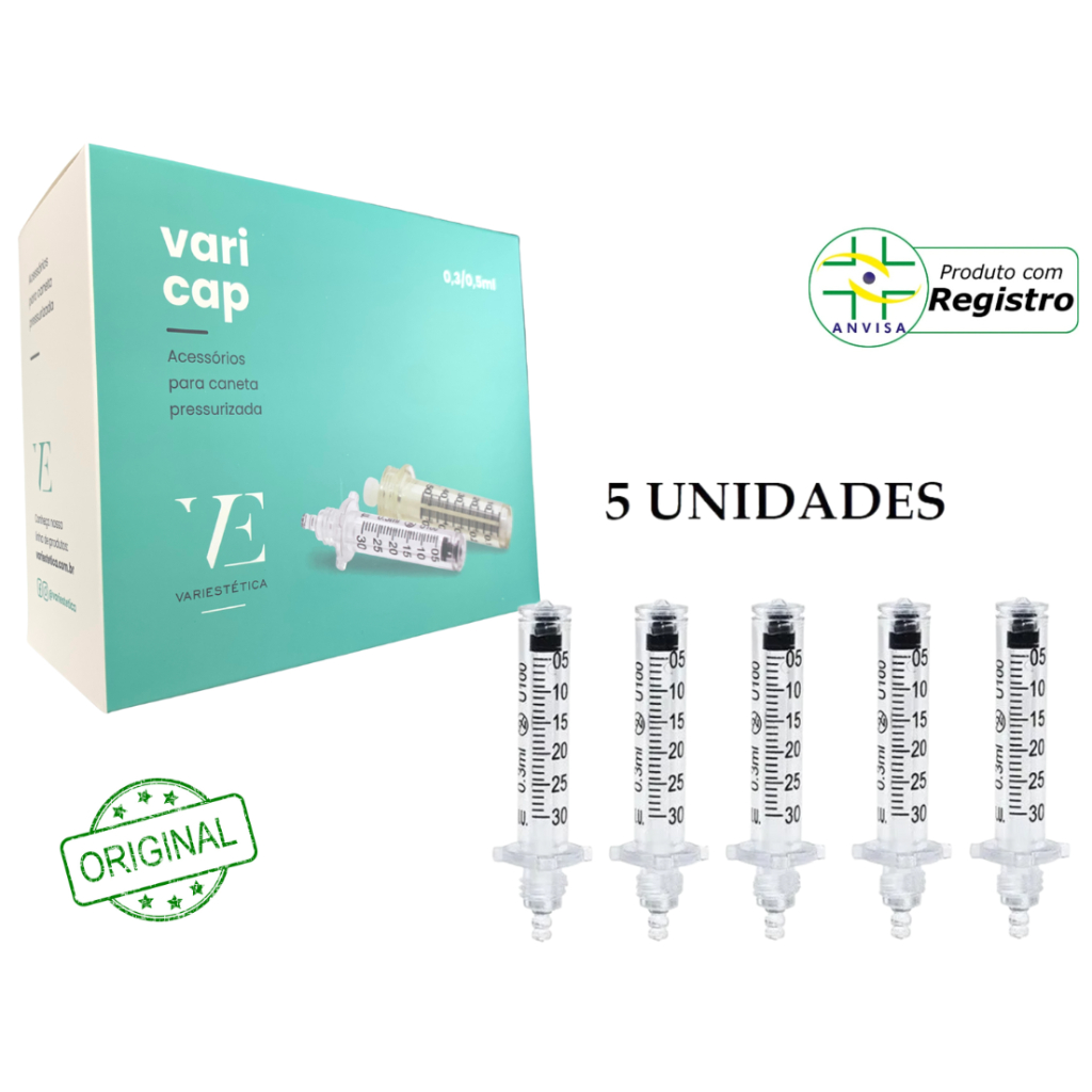 Kit 5 Cartuchos Varicap 0,3ml para Caneta Pressurizada C/Anvisa Seringa ...