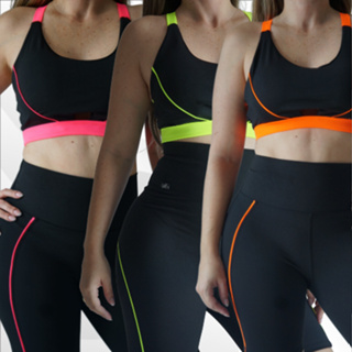Kit com 3 Conjuntos Academia Ciclista Top com Bojo e Short Feminino Fitness Suplex Bermuda Fitness
