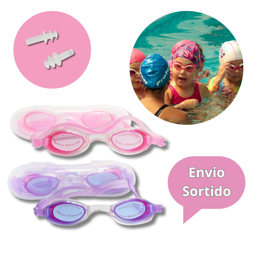 Conjunto de Natação Infantil Com Óculos à Prova D'Água com Lentes Antiembaçante e Estojo Resistente + Tampões de Ouvido - Kit Completo para Nadadoras Mirins - Rosa/Roxo Sortidos