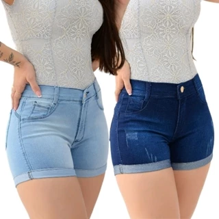 kit 2 Shorts Jeans Barra Dobrada Cintura alta Feminino Com Elastano Cós alto Levanta Bumbum