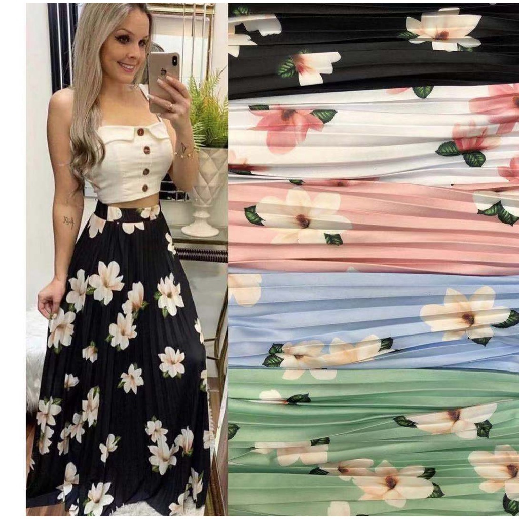 Saia Plissada Estampas kit 2 peças longa Cores Diversas