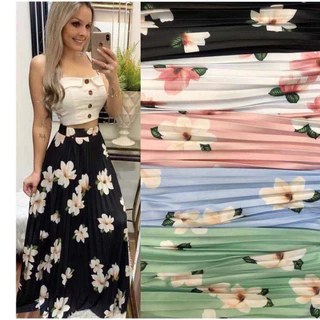 Saia Plissada Estampas kit 2 peças longa Cores Diversas