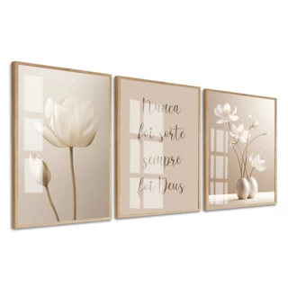 Quadro Decorativo Flores Tons Nude Bege Com Frases Moldura e Vidro Sala Quarto
